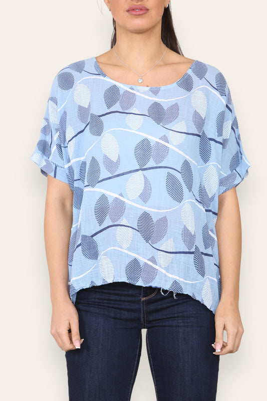 SHORT SLEEVE STRIPE LEAF PRINT TOP SKY BLUE
