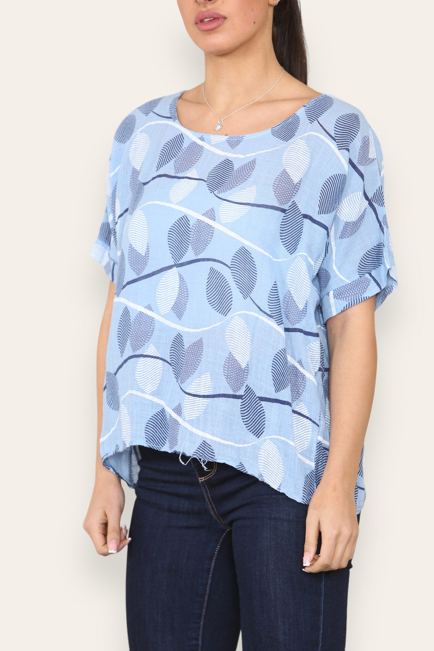 SHORT SLEEVE STRIPE LEAF PRINT TOP SKY BLUE
