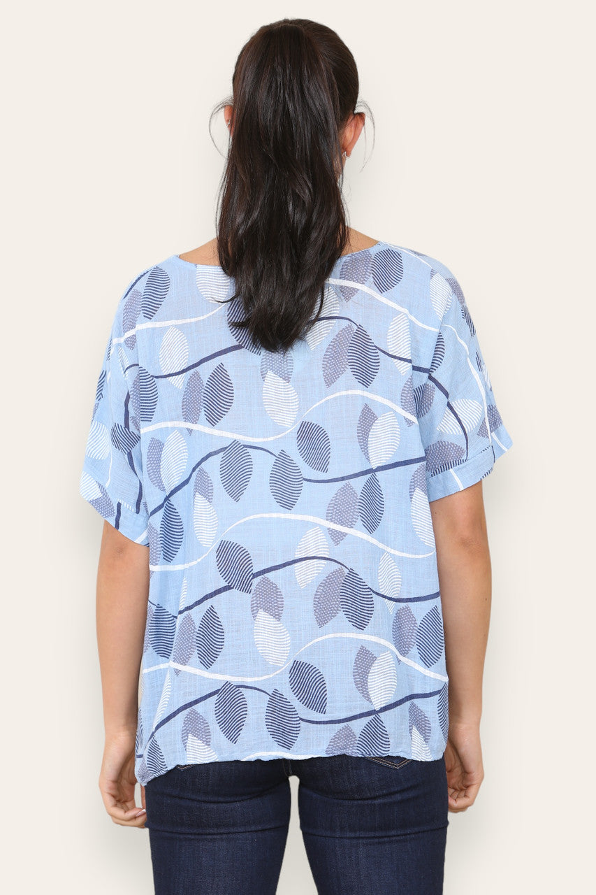 SHORT SLEEVE STRIPE LEAF PRINT TOP SKY BLUE