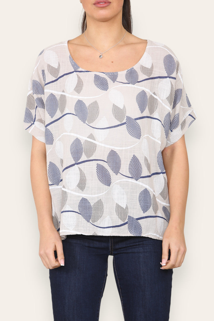 SHORT SLEEVE STRIPE LEAF PRINT TOP STONE