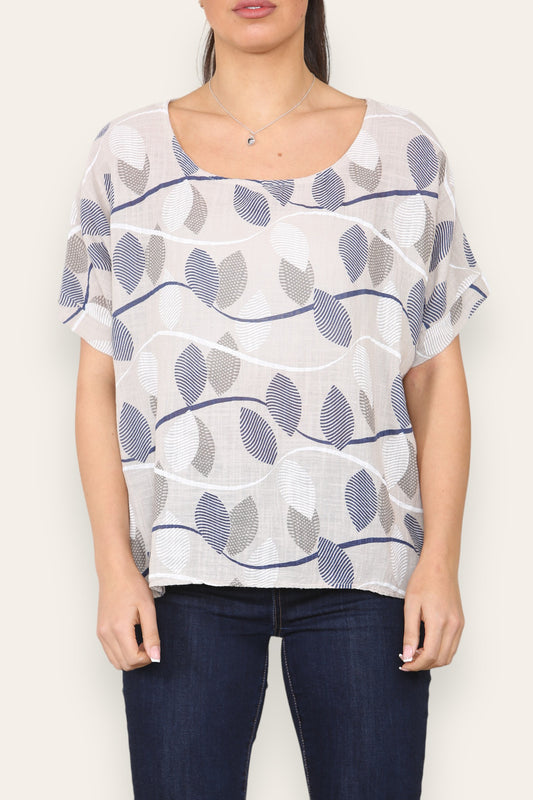 SHORT SLEEVE STRIPE LEAF PRINT TOP STONE