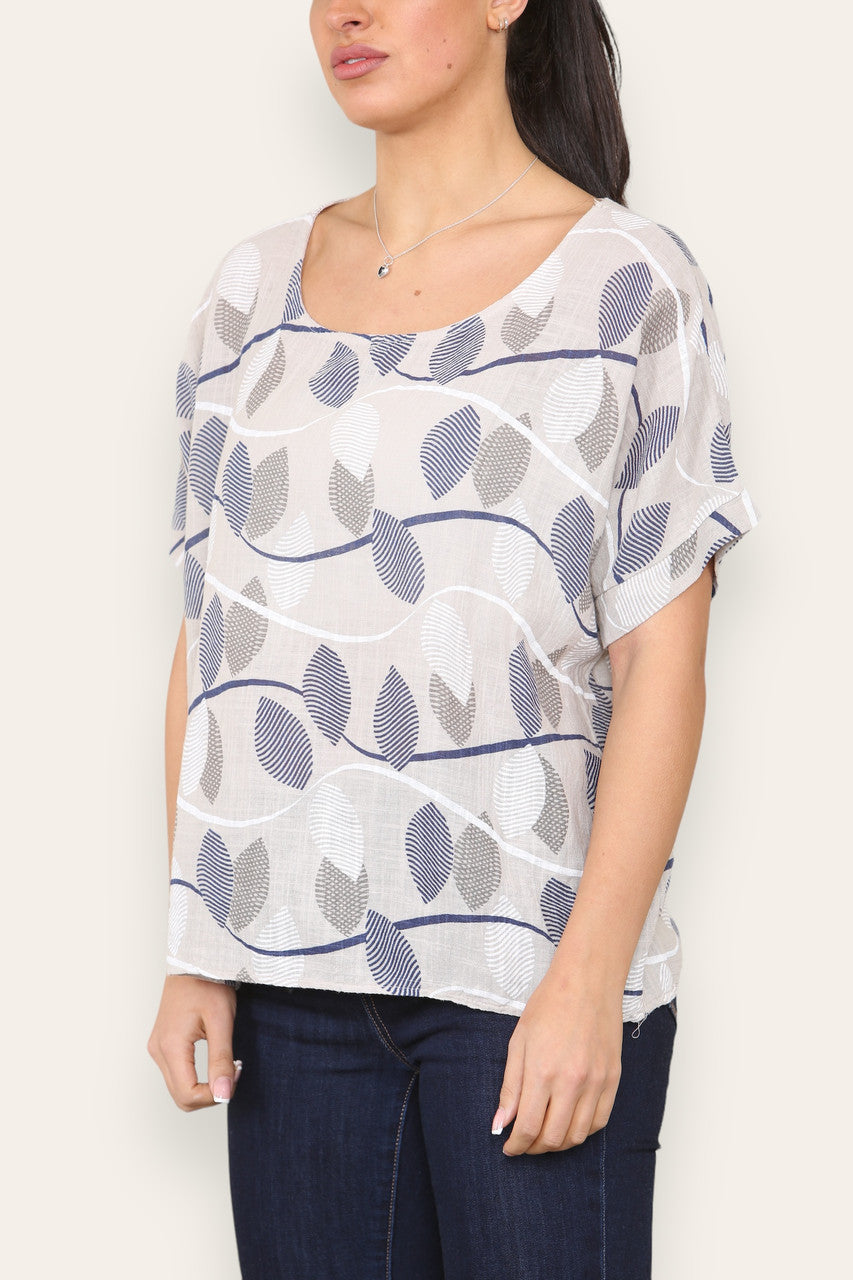 SHORT SLEEVE STRIPE LEAF PRINT TOP STONE