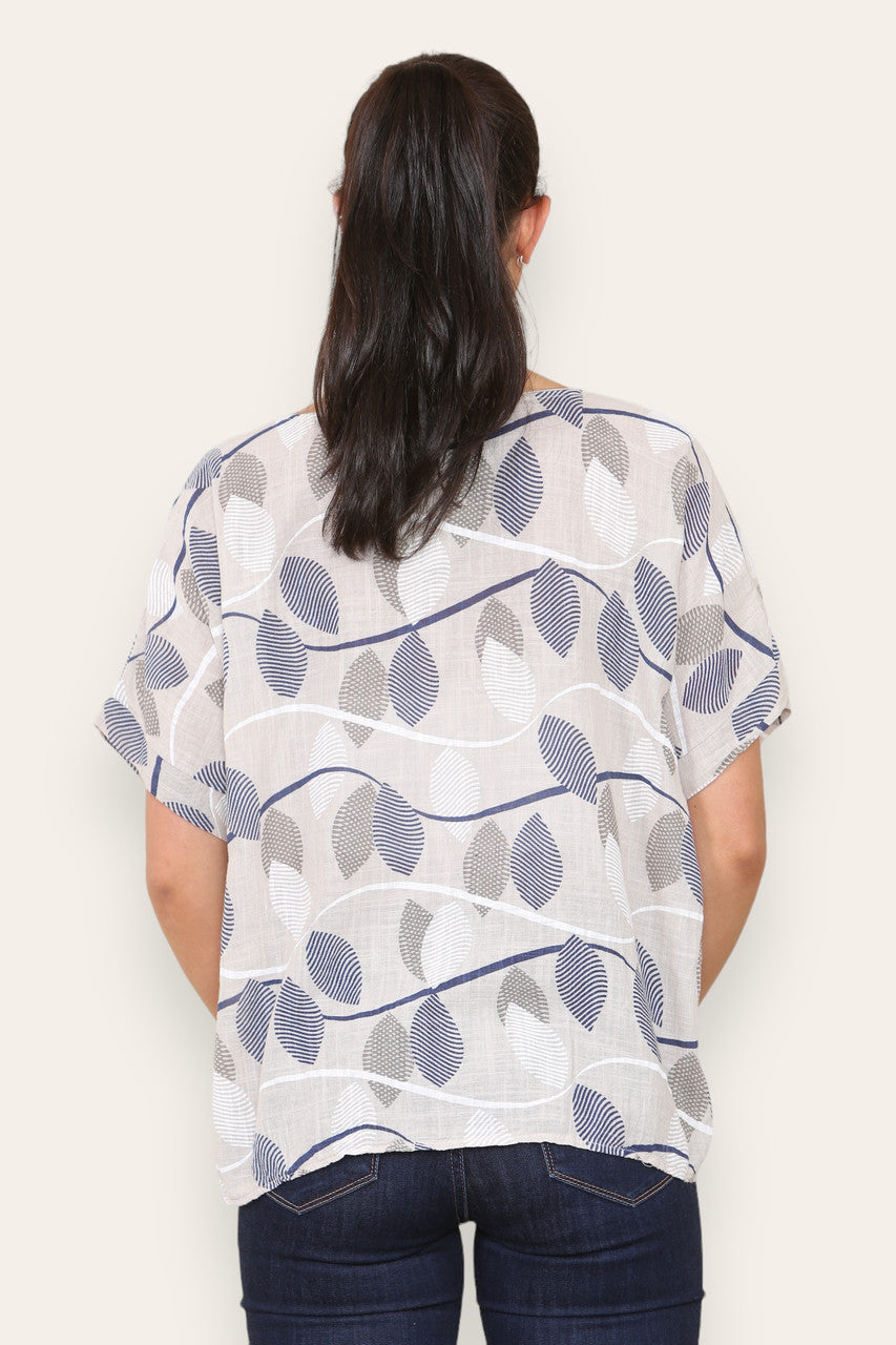 SHORT SLEEVE STRIPE LEAF PRINT TOP STONE