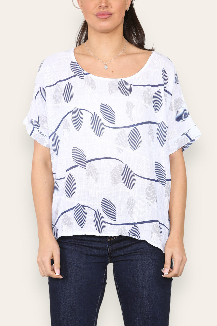 SHORT SLEEVE STRIPE LEAF PRINT TOP WHITE