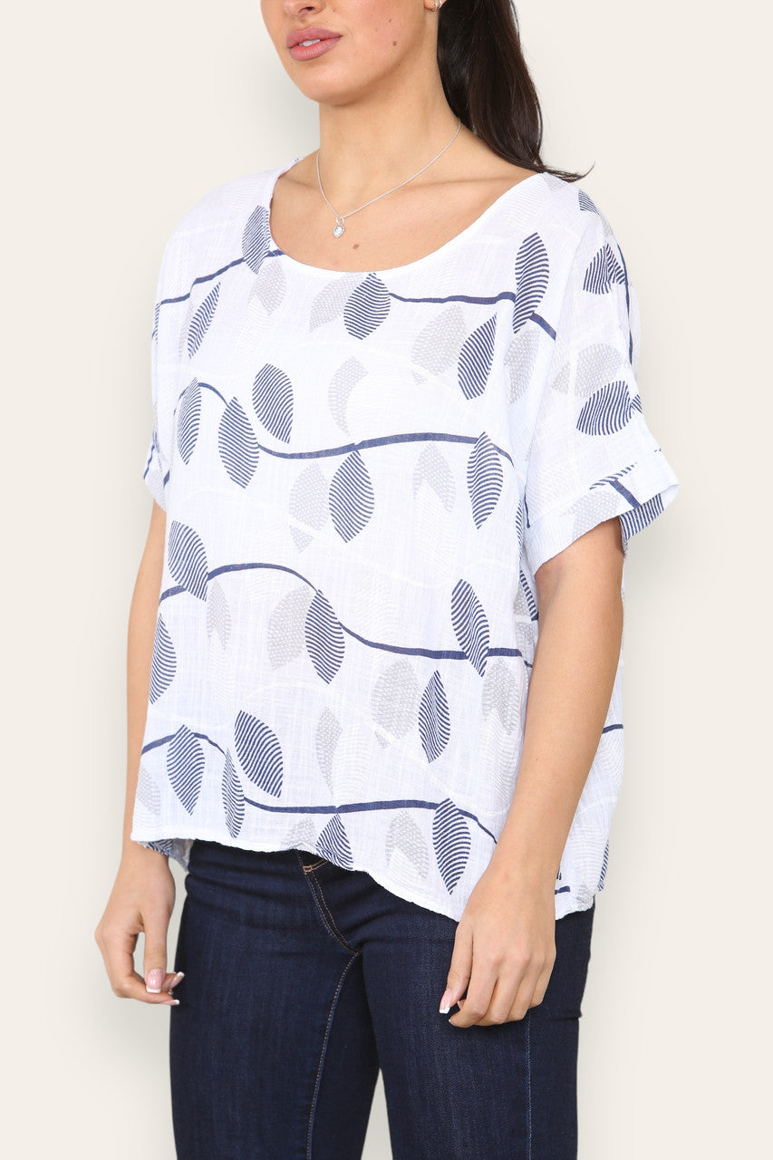 SHORT SLEEVE STRIPE LEAF PRINT TOP WHITE