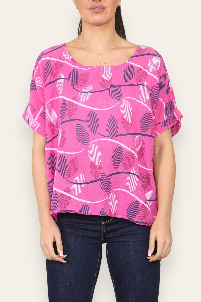 SHORT SLEEVE STRIPE LEAF PRINT TOP CERISE