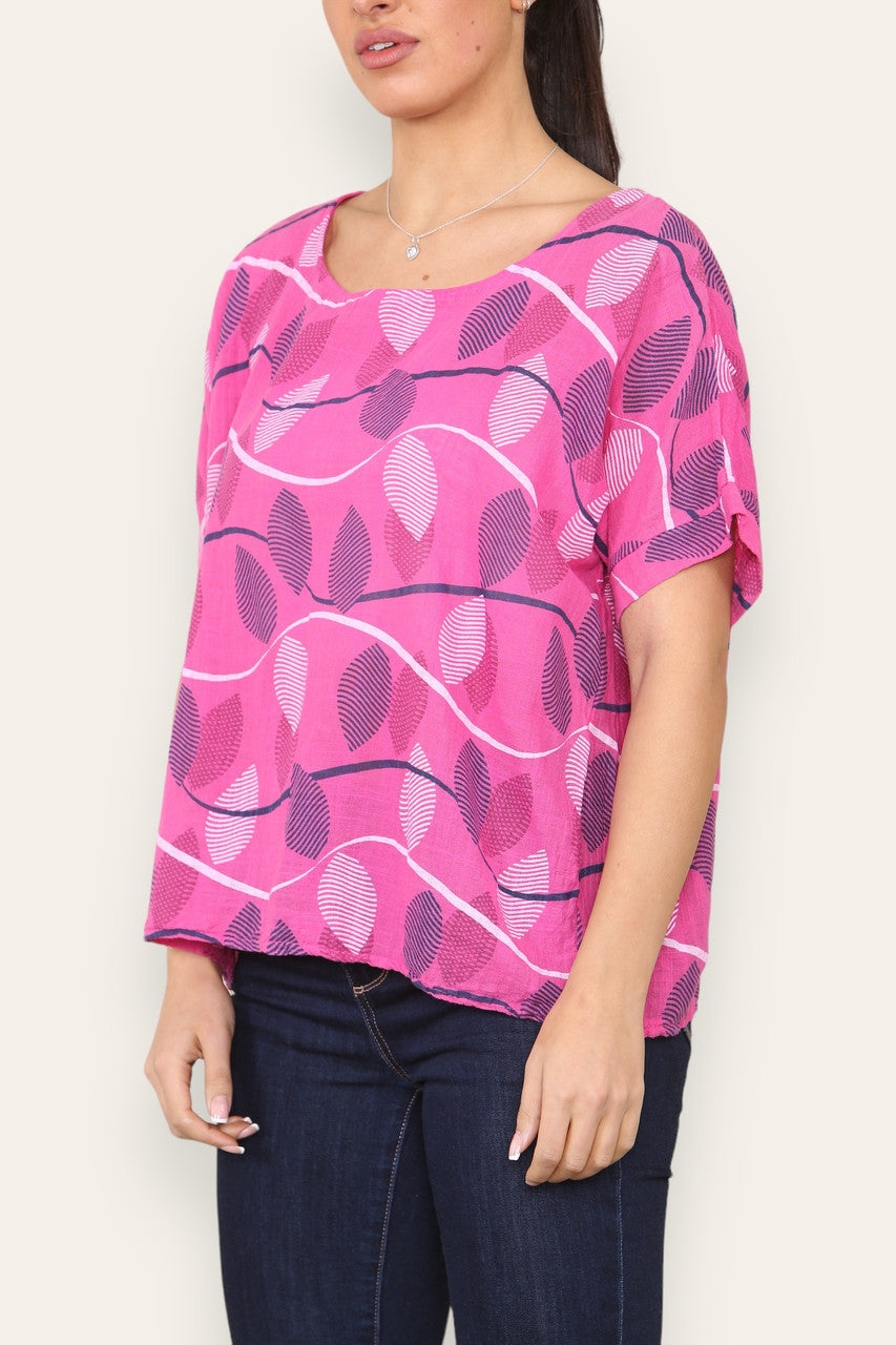 SHORT SLEEVE STRIPE LEAF PRINT TOP CERISE