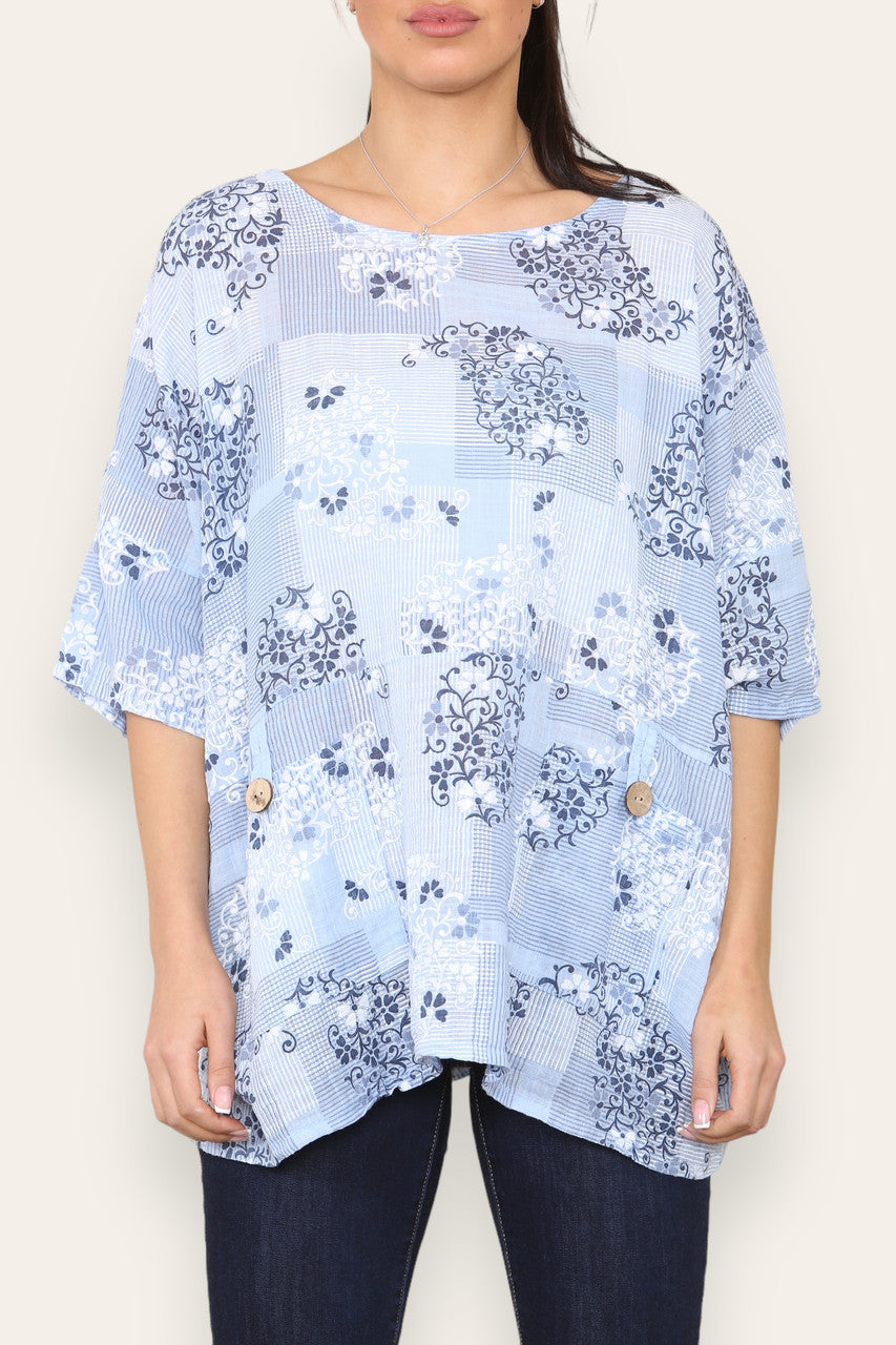FLORAL WALLPAPER PRINT TOP SKY BLUE
