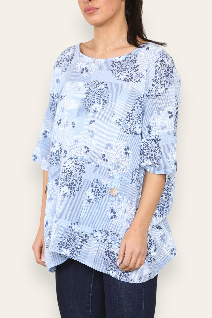 FLORAL WALLPAPER PRINT TOP SKY BLUE