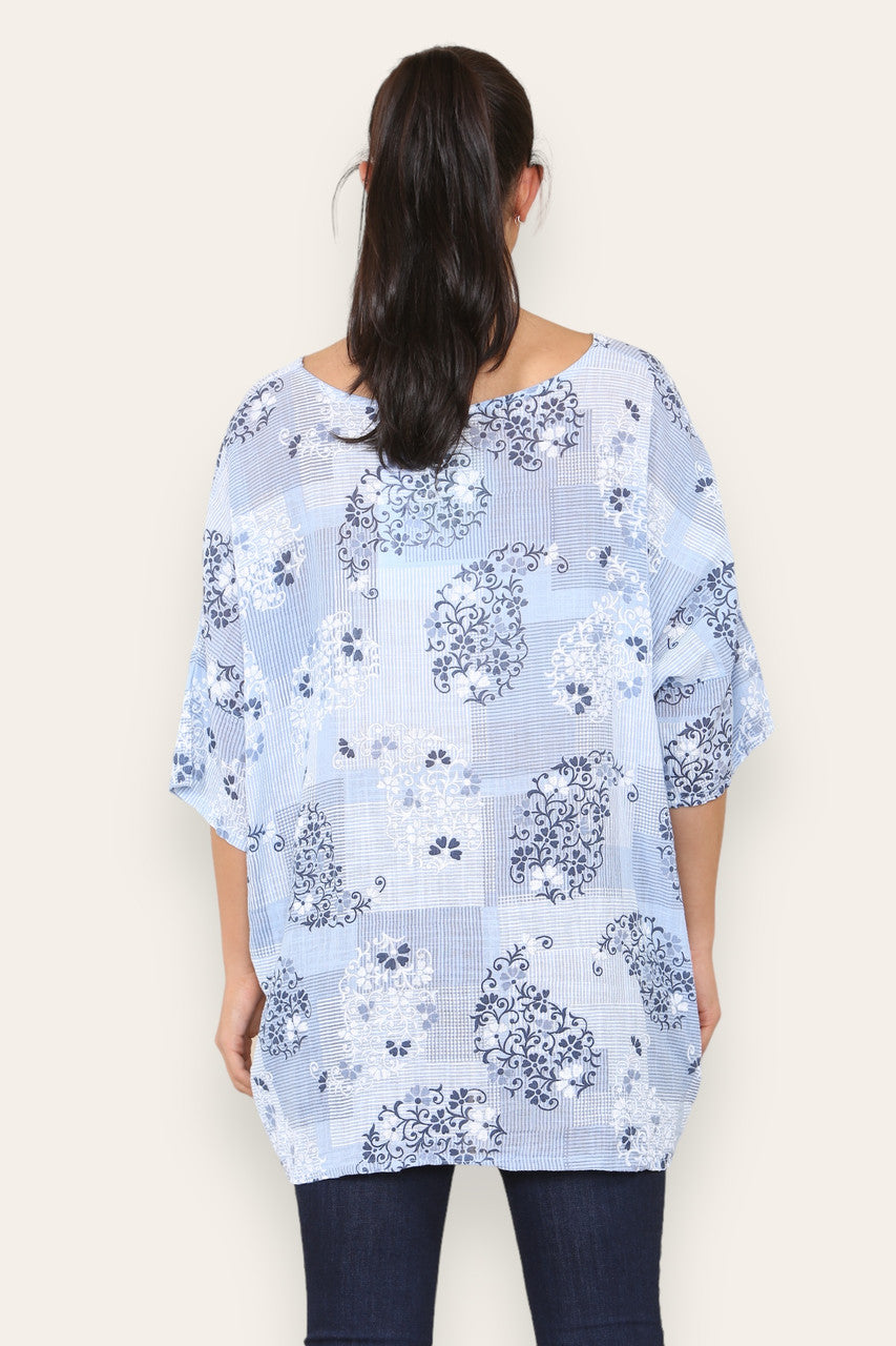 FLORAL WALLPAPER PRINT TOP SKY BLUE