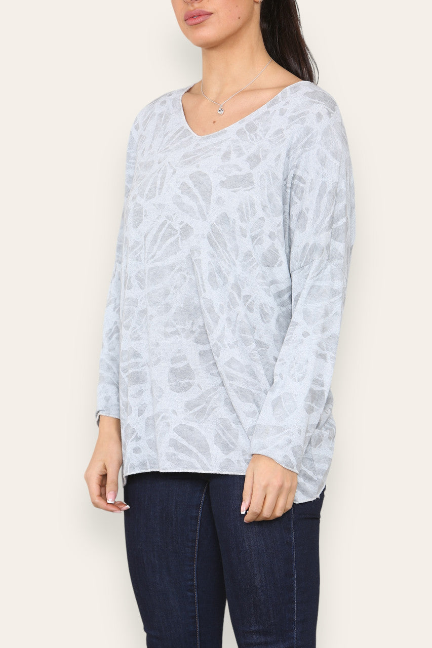 ABSTRACT PRINT FINE KNIT JUMPER TOP SILVER