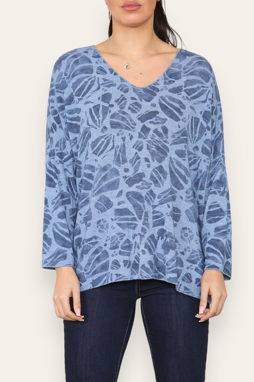 ABSTRACT PRINT FINE KNIT JUMPER TOP DENIM