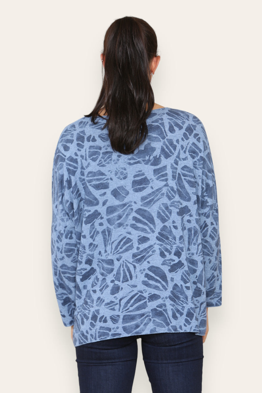 ABSTRACT PRINT FINE KNIT JUMPER TOP DENIM