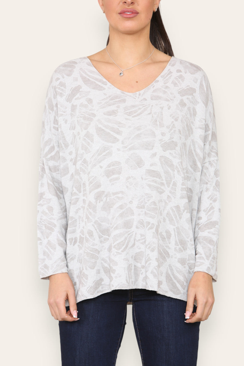 ABSTRACT PRINT FINE KNIT JUMPER TOP STONE