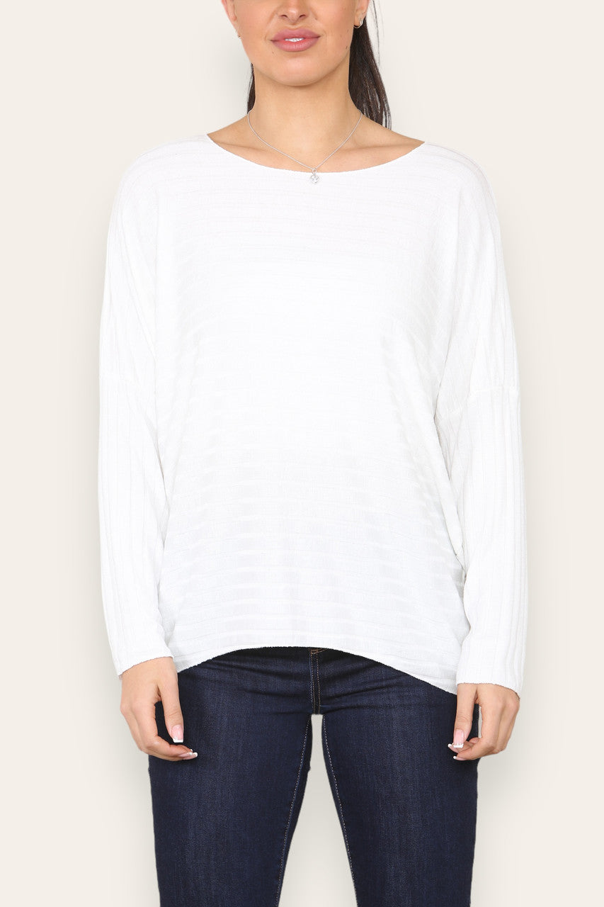 WIDE RIBBED FINE KNITTED JUMPER TOP WHITE