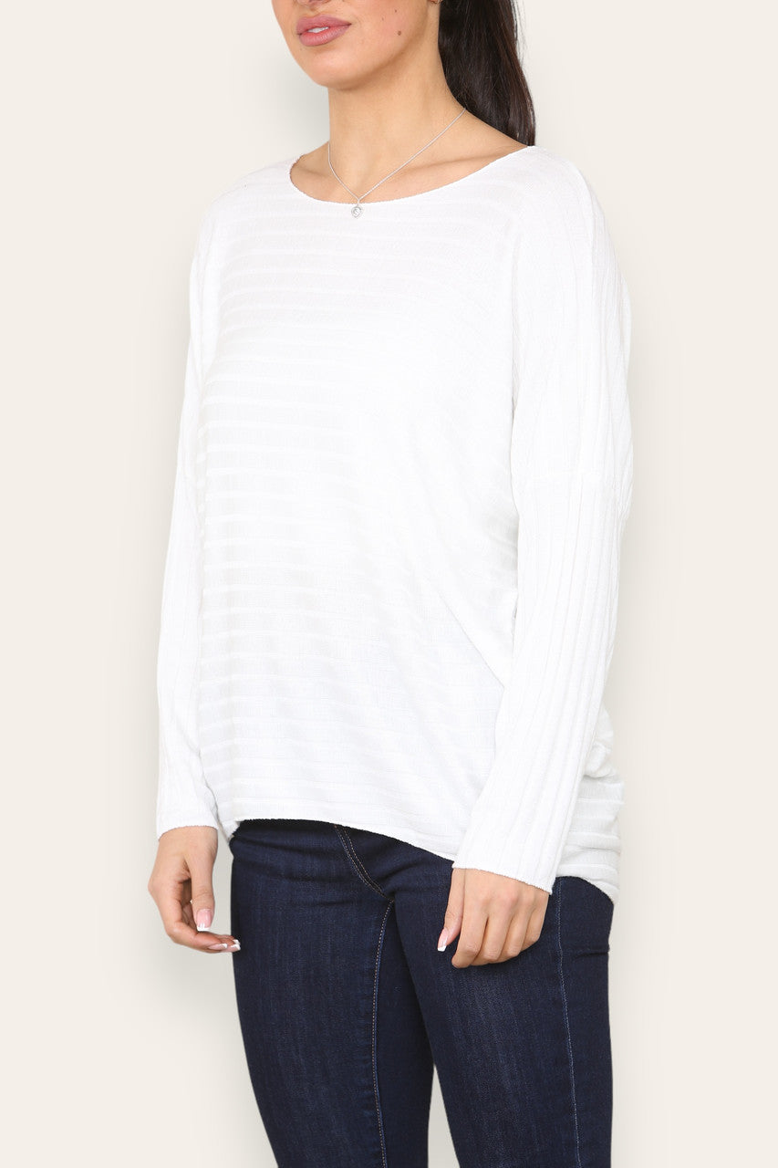WIDE RIBBED FINE KNITTED JUMPER TOP WHITE