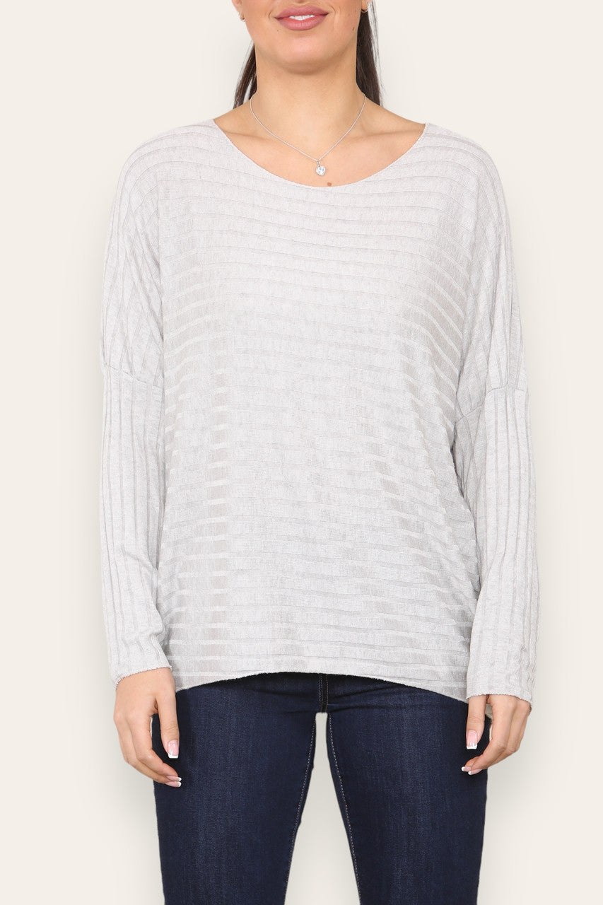 WIDE RIBBED FINE KNITTED JUMPER TOP STONE