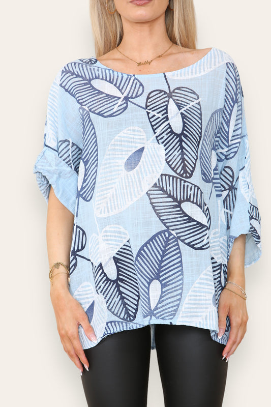 ABSTRACT LEAF PRINT TOP SKY BLUE