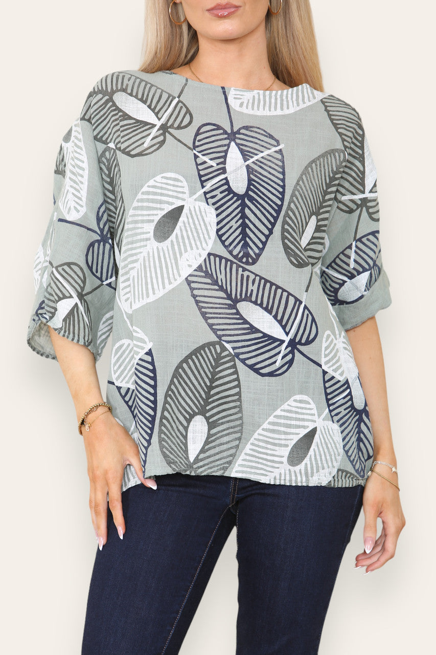 ABSTRACTE BLADEREN PRINT TOP KHAKI