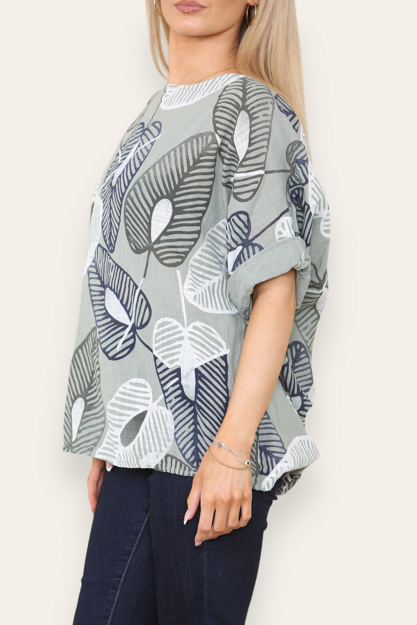 ABSTRACTE BLADEREN PRINT TOP KHAKI