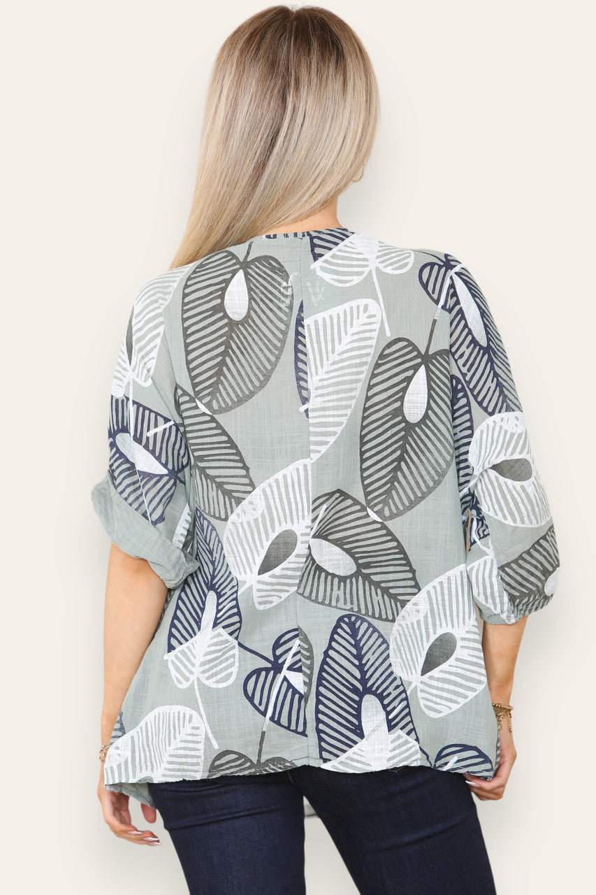 ABSTRACTE BLADEREN PRINT TOP KHAKI