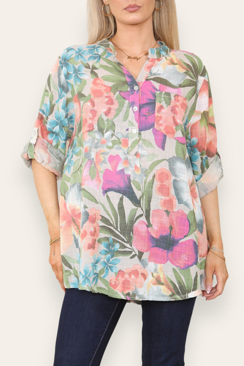 TROPICAL PRINT GRANDAD SHIRT STONE