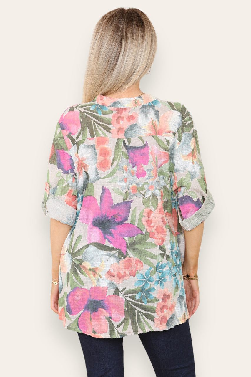 TROPICAL PRINT GRANDAD SHIRT STONE