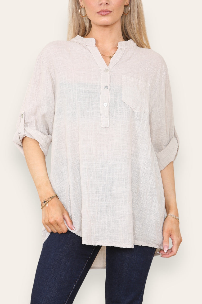 PLAIN GRANDAD SHIRT STONE