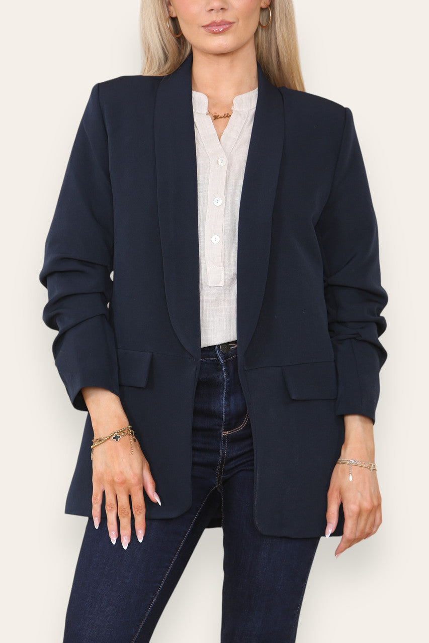 RUCHED NOTCH SLEEVE FULLY LINED BLAZER NAVY