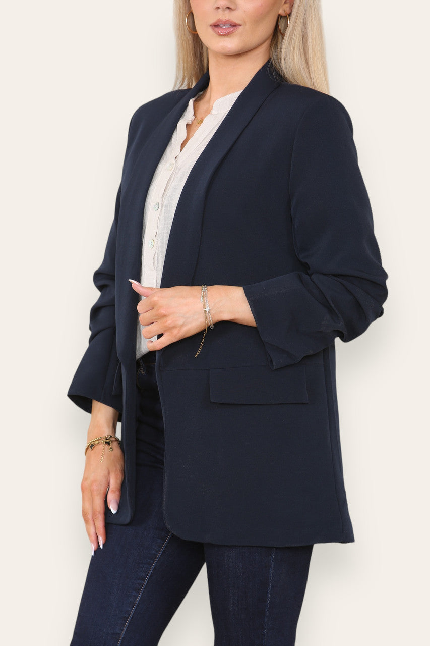 RUCHED NOTCH SLEEVE FULLY LINED BLAZER NAVY