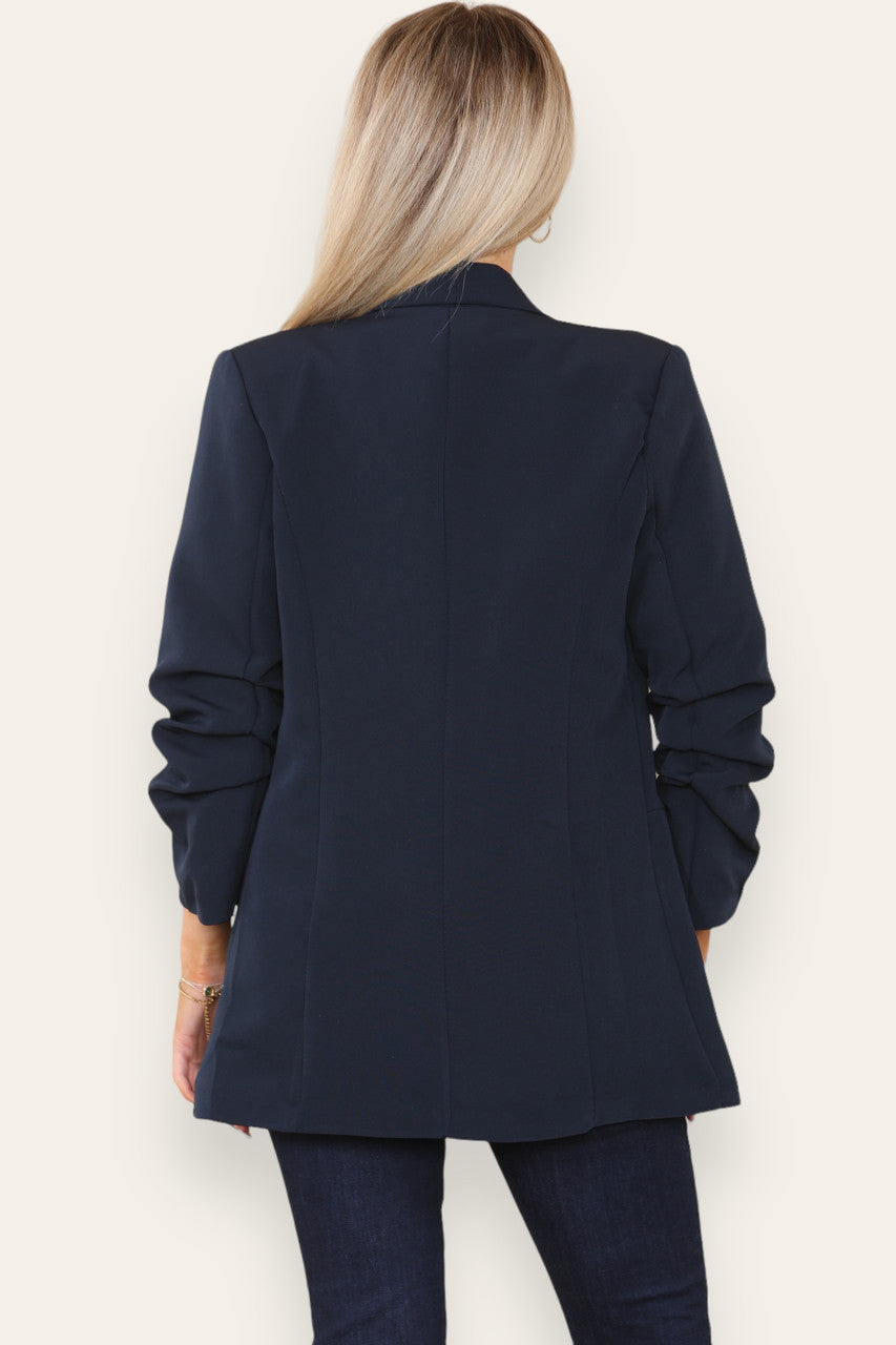 RUCHED NOTCH SLEEVE FULLY LINED BLAZER NAVY