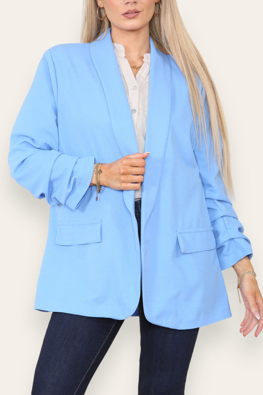 RUCHED NOTCH SLEEVE FULLY LINED BLAZER BLUE