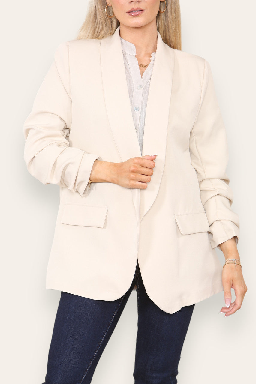 RUCHED NOTCH SLEEVE FULLY LINED BLAZER STONE