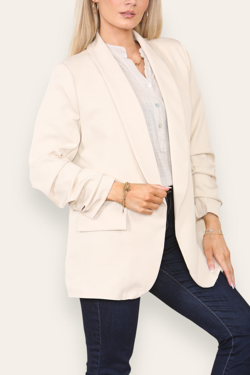 RUCHED NOTCH SLEEVE FULLY LINED BLAZER STONE