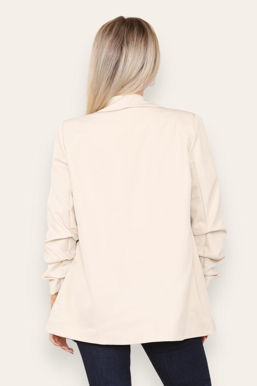 RUCHED NOTCH SLEEVE FULLY LINED BLAZER STONE
