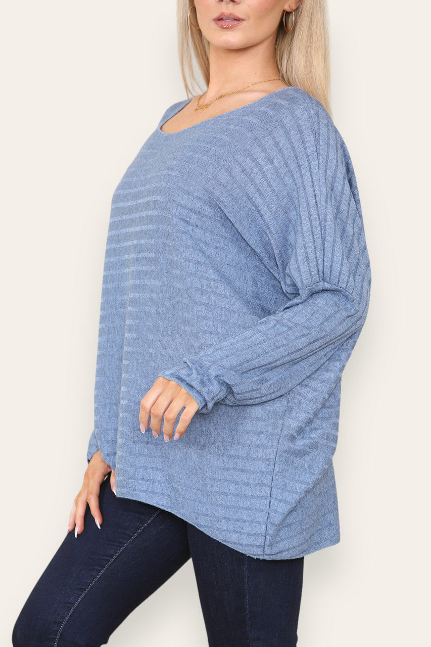 WIDE RIBBED FINE KNITTED JUMPER TOP DENIM