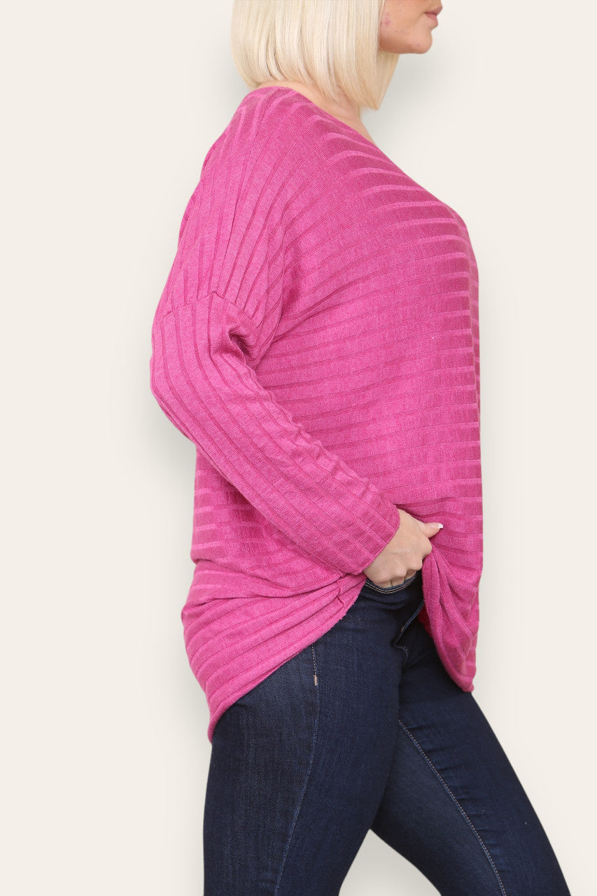 WIDE RIBBED FINE KNITTED JUMPER TOP CERISE