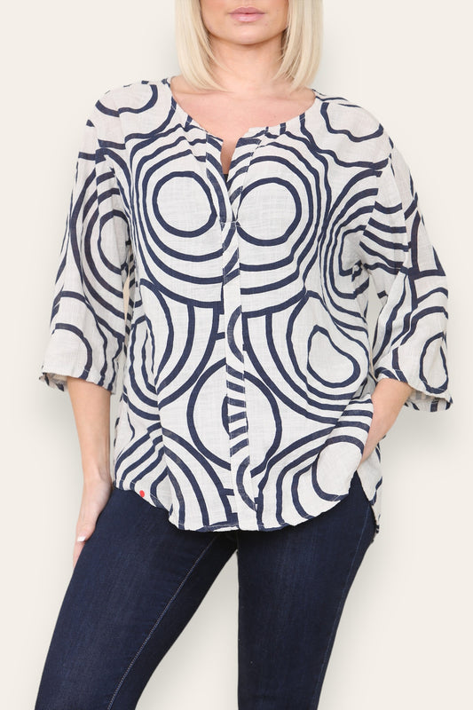 CIRCLE SWIRL PRINT GRANDAD COLLAR BUTTON FRONT TOP STONE
