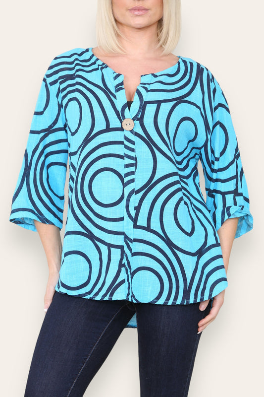 CIRCLE SWIRL PRINT GRANDAD COLLAR BUTTON FRONT TOP TURQUOISE