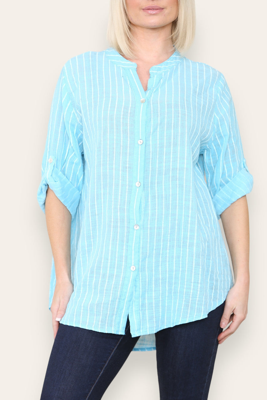 STRIPE GRANDAD SHIRT BLOUSE TURQUOISE