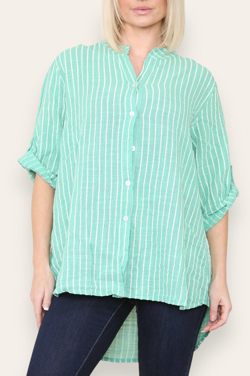 STRIPE GRANDAD SHIRT BLOUSE GREEN