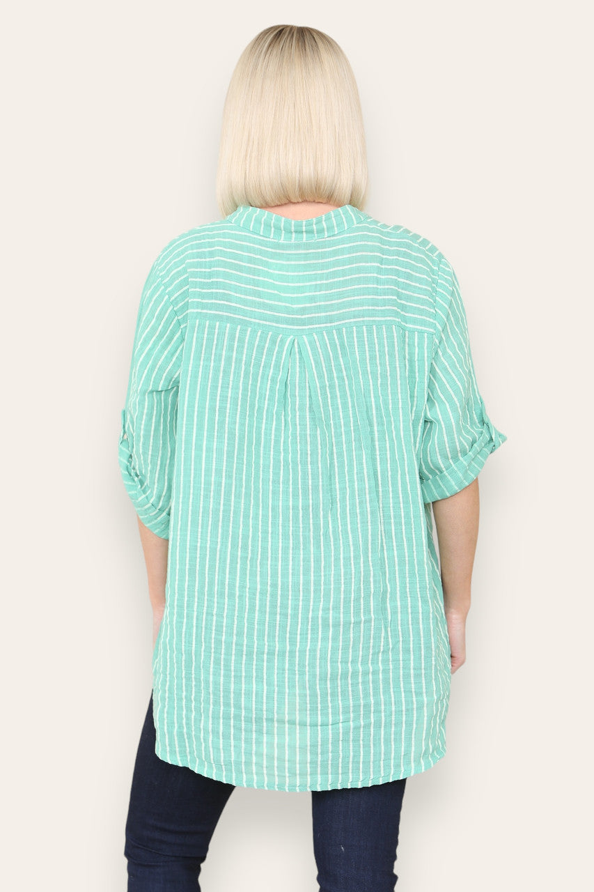 STRIPE GRANDAD SHIRT BLOUSE GREEN