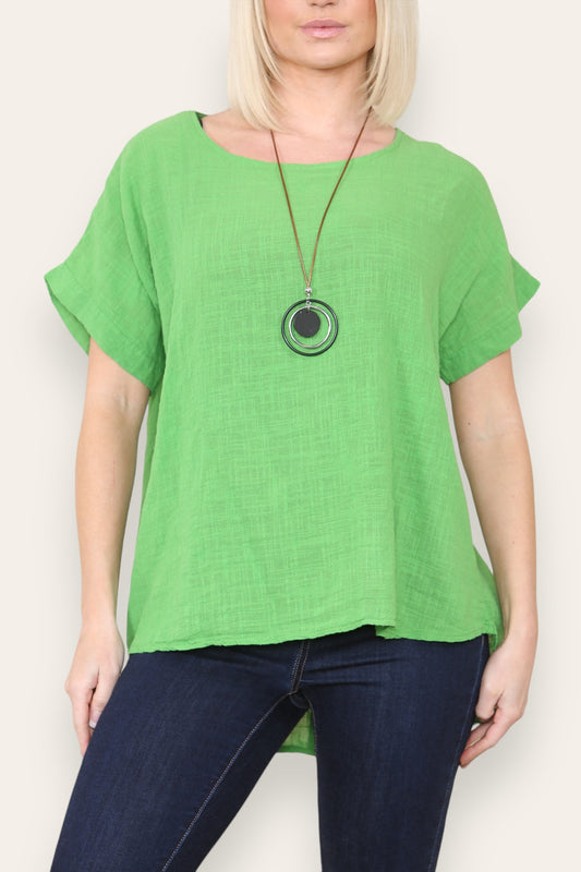 BUTTON BACK DETAIL TOP WITH NECKLACE GREEN