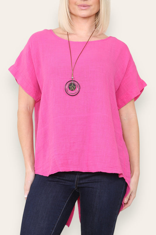BUTTON BACK DETAIL TOP WITH NECKLACE CERISE