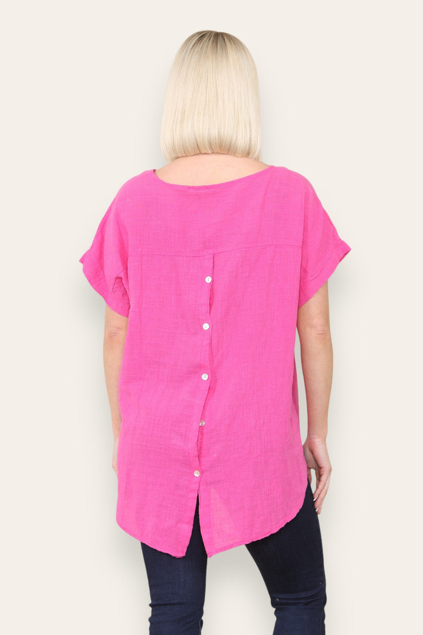 BUTTON BACK DETAIL TOP WITH NECKLACE CERISE