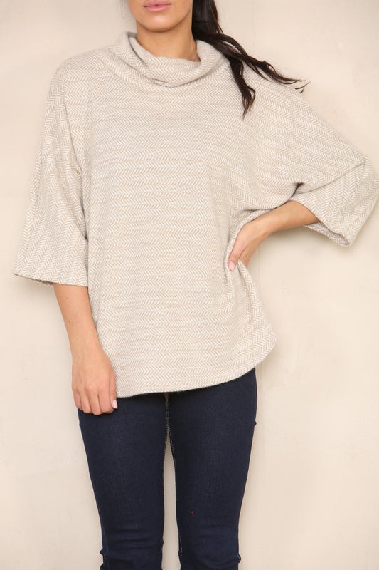 HERRINGBONE YARN KNIT COWL NECK JUMPER STONE