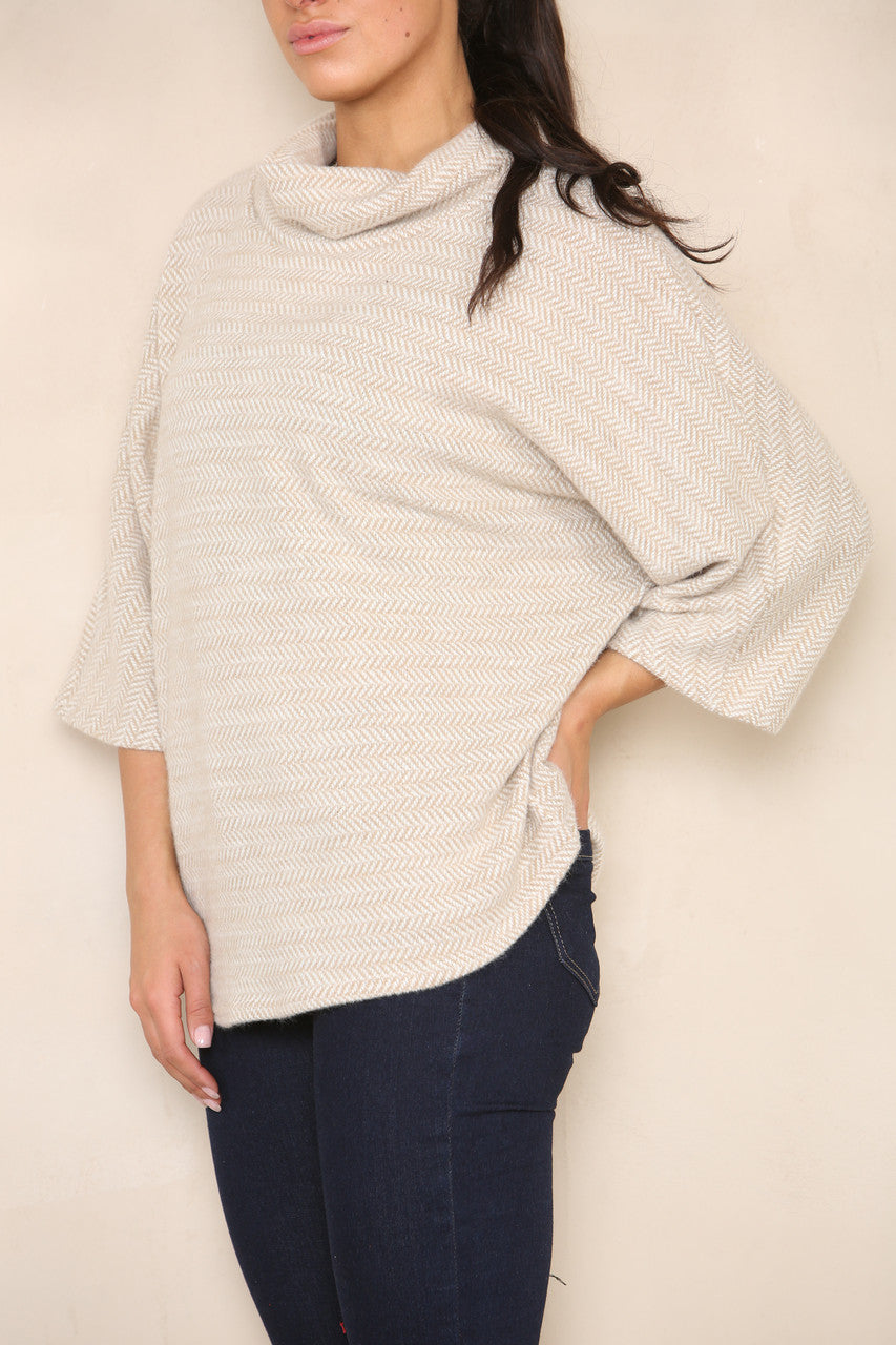 HERRINGBONE YARN KNIT COWL NECK JUMPER STONE