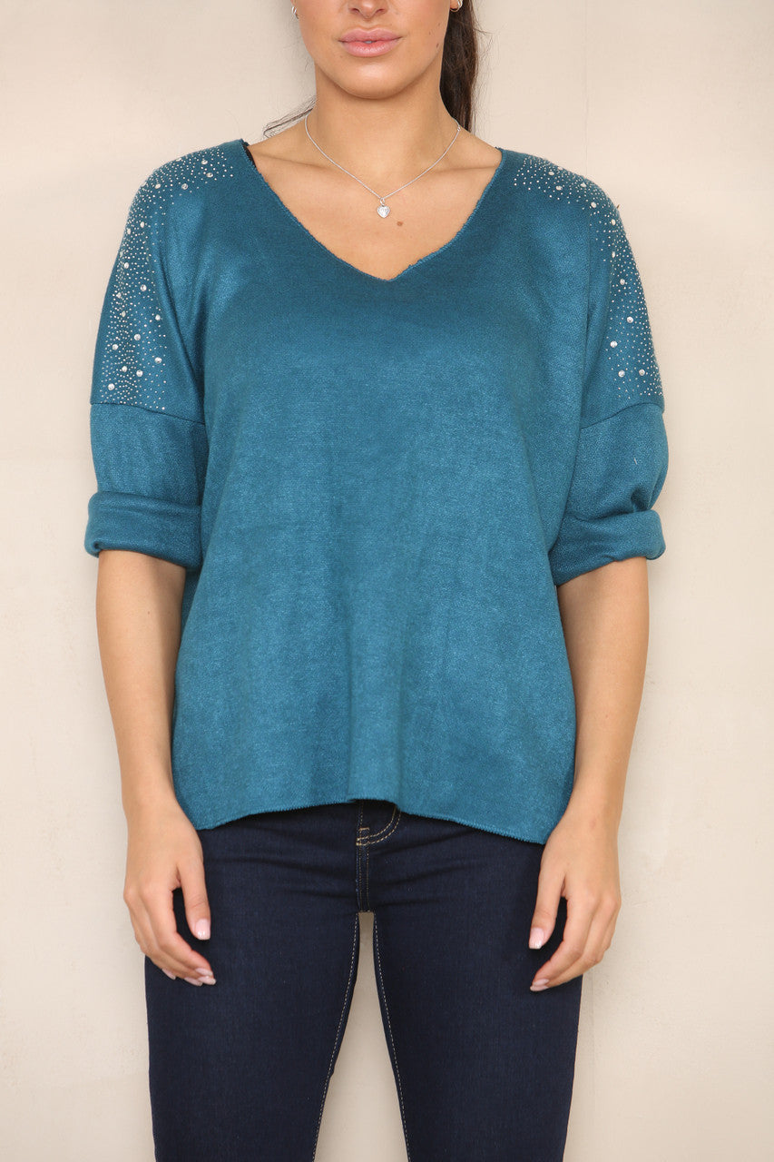 TRUI MET SCHOUDERDETAIL MET DIAMANTENPATROON TEAL
