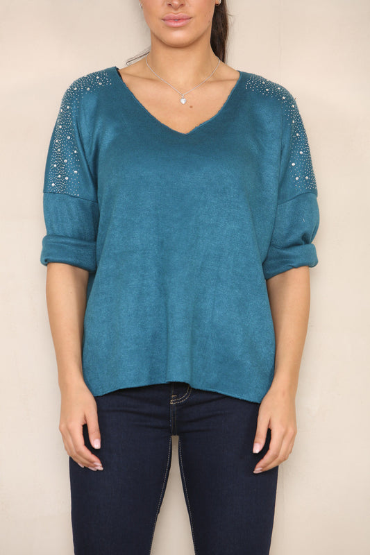 DIAMANTE SHOULDER DETAIL KNIT JUMPER TEAL
