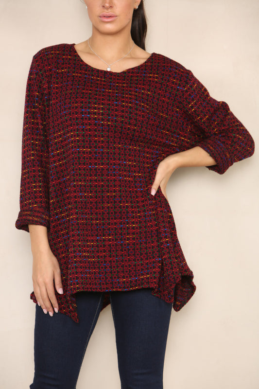 COLOUR FLECK YARN KNIT TUNIC JUMPER BURGUNDY